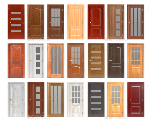 Set of wooden doors isolated on white background. Stock Photo by maxxyustas